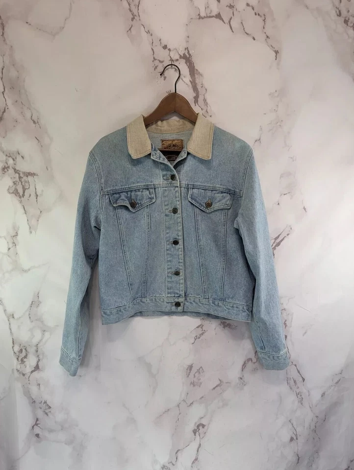 Vintage Denim Jacket Women Large Jean 80s 90s Y2K Linen Collar Light Wash Crop - Image 1 of 4