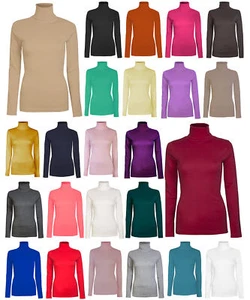 LADIES WOMEN LONG SLEEVE POLO TURTLE ROLL NECK PLAIN TOP 26 COLOURS SIZE 8-26 - Picture 1 of 27