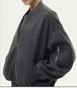 Giacca Bomber ZARA Grigio Lana Oversize Orlo a Bolla Taglia S - Foto 1 di 8
