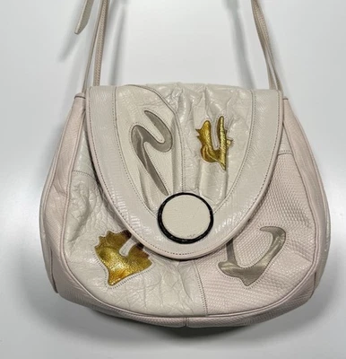 Sharif Shoulder Bag White And Gold Reptile Skin Patchwork Made In USA 80s 90s - Image 1 of 4