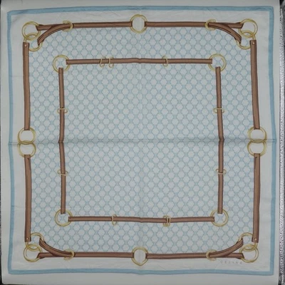HK198- CELINE Pañuelo Vintage 22"x22" Azul Marrón Cadena Mordida de Caballo Logo Algodón Foto 1 de 4