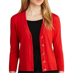 Tory Burch Shrunken Simone Orange 3/4 Sleeve Gold Logo Button Cardigan XS - Picture 1 of 8