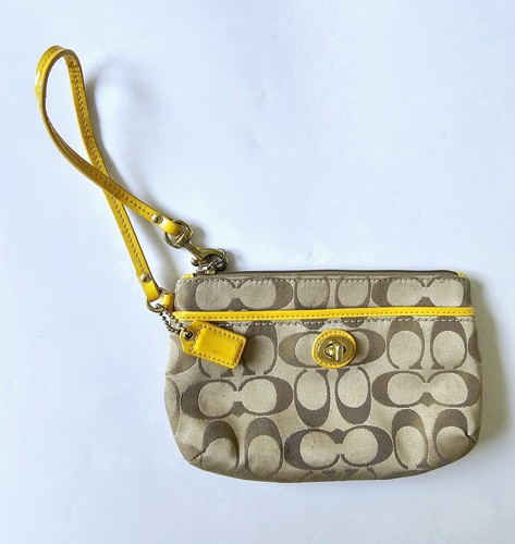 Coach Womens Wristlet Brown and Yellow Wallet Clutch Bag With Bag Charm