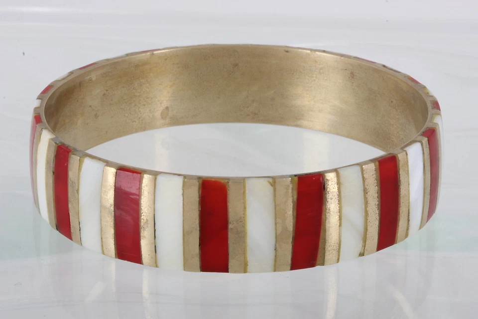 ЛАТУНЬ ИНКРУСТАЦИЯ В ПОЛОСКУ ПЕРЛАМУТР И КРАСНЫЕ КАМНИ БРАСЛЕТ МОДЫ 0158B - Изображение 1 из 2