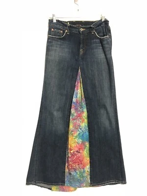 Upcycled Denim Embellished Boho Maxi Jean Skirt Rainbow Hippie Vintage - Image 1 of 4