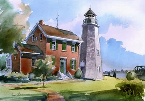Faro Charlotte-Genesee Rochester Nueva York. Tarjetas de notas de acuarela de James Mann - Imagen 1 de 2