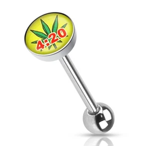 Tongue Ring Logo Weed Pot Leaf 4:20 14 Gauge 5/8" Steel Barbell  - Picture 1 of 3