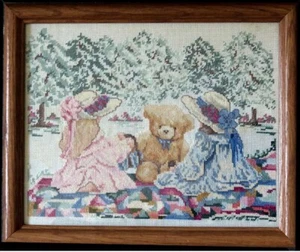Framed Ma Ella's Crazy Quilt Counted Cross Stitch Victorian Girls Teddy Bear - Picture 1 of 1