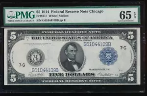 AC Fr 871c 1914 $5 FRN Chicago PMG 65 EPQ - Picture 1 of 2