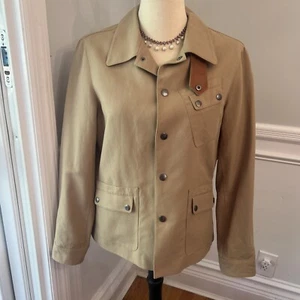 Lauren Ralph Lauren Women Equestrian Tan Jacket Leather Trim Safari Coat Large L - Picture 1 of 12