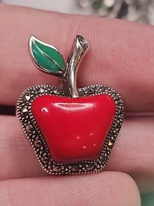Apple Brooch Pin Marcasite Framed Sterling Silver Signed 925 A Red Green - Picture 1 of 11