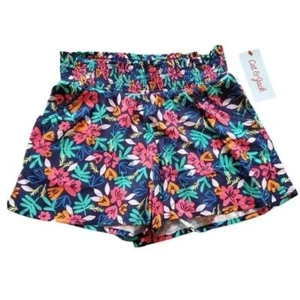 Girls Shorts NWT XS 4/5 Navy Blue Pink Floral Print Elastic Waist Pockets Rayon - Picture 1 of 8