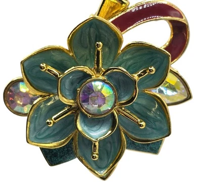 Disney London Mulan Hair Clip Gold Teal Enamel Iridescent Rhinestone Flower Pin  - Image 1 of 4