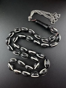 Vtg Black Coral Red Sea Yusr Prayer Beads Misbah Inlaid Silver 925مسباح سبحة يسر - Picture 1 of 6