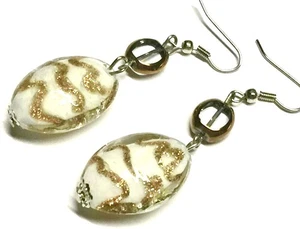 VTG 90s Handmade Artsy Modernist White/Gold Glitter Dangle Bead Pierced Earrings - Picture 1 of 10