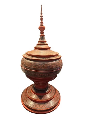 Gran cuenco de oferta antiguo birmano de laca roja templo de Birmania / Myanmar Foto 1 de 4