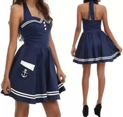 NWT HOT TOPIC Hell Bunny Vixen Navy SZ Large Halter Motley Sailor Pin-up Dress - Image 1 of 4