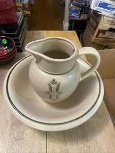 Royal Haeger Pitcher & Bowl Beige/Green Stoneware, Made in USA - Picture 1 of 6