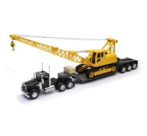 New Ray Kenworth W900 Truck with Lowboy Trailer Black and Crane Yellow Long H... - Picture 1 of 2
