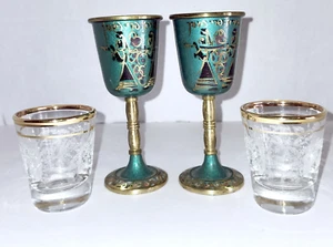Vintage Brass Kiddish Cups Pair Enamel Kiddush With Glass Inserts - Picture 1 of 7