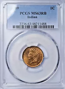 1909 INDIAN HEAD CENT PCGS MS63RB ~ ALMOST FULL RED ~ GREAT COLOR! - Picture 1 of 4