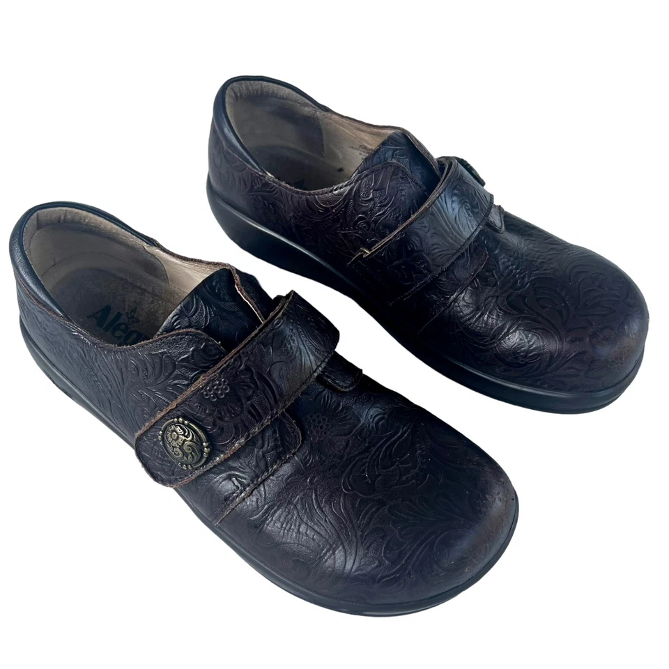 Zuecos cómodos de cuero ALEGRIA Mary Jane marrón floral cachemira talla 39 EU (8,5 EE. UU.) Foto 1 de 4