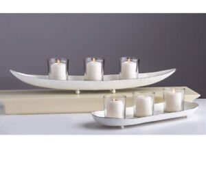 Home Essentials White Enamel Tray With 3 Glass Candle Holders 26.2” Long B18