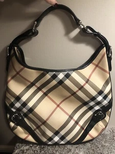 BURBERRY Large Larkin Hobo Handbag Tan SuperNova Check Black Patent Buckles - Picture 1 of 8