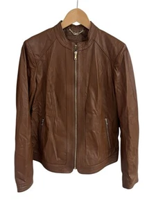Cole Haan braune 548 $ echtes weiches Leder Damen Moto durchgehender Reißverschluss Jacke Biker Gr. M - Bild 1 von 10