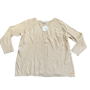 Calvin Klein neuer Damenpullover mit Ösen-Detail Rundhalsausschnitt Oberteil hellbraun meliert Latte - Bild 1 von 9