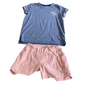 Athleta Girl Equal Play Blue T shirt & coordinating Pink shorts Size LARGE 12 - Picture 1 of 11
