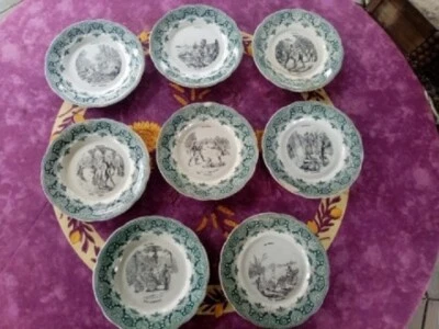 8 Assiettes Anciennes Terre de Fer Creil et Montereau Les Sports Décor Vert 19cm - Photo 1/4