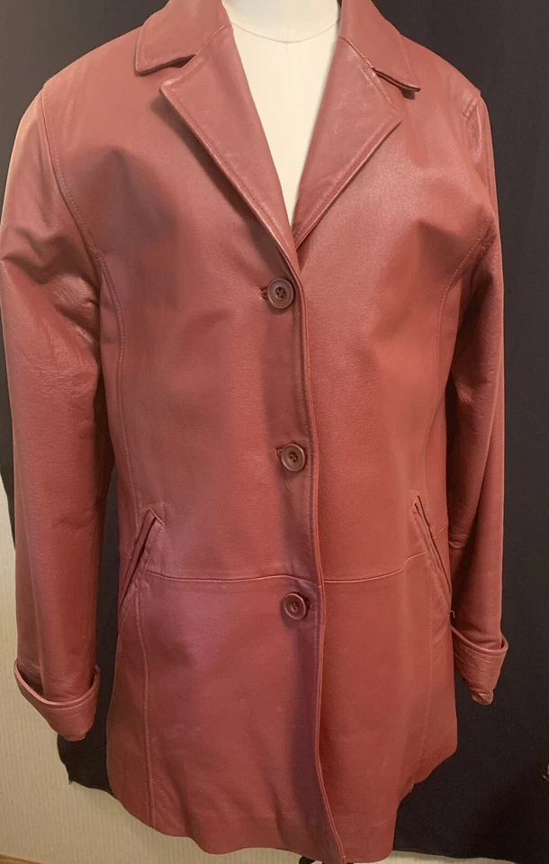 KC Collection Deep Red Leather 3/4 Coat Jacket Women Sz Med EUC - Image 1 of 4
