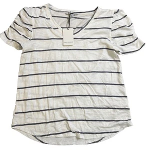 Green Envelope Shirt Womens M Black White Striped Puff Ruched Sleeve V Neck NWT - Picture 1 of 6