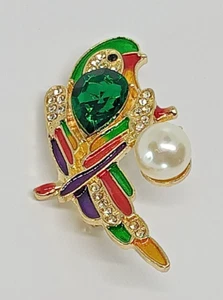 Parrot Colorful Sparkling Brooch Golden Colored Rhinestone Pearl Pinback Pin - Picture 1 of 2