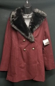 LIZ CLAIBORNE Women's Large Wine Wool Blend NWT Black Faux Fur Lapel Peacoat  - Picture 1 of 8