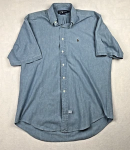 Ralph Lauren Denim Button Up Short Sleeve Shirt Large Heathered Blue Flesh Pony - Picture 1 of 6