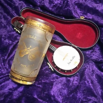 Vintage Miniature 5 String Banjo Case Handmade Wood Replica & Gold Gilt Glass - Image 1 of 4