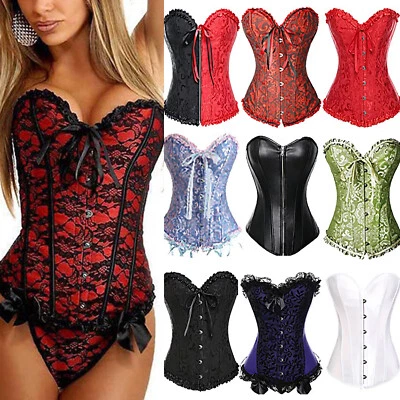 Plus Size Women Sexy Overbust Boned Corset Burlesque Basque Top Lace Up Costume - Image 1 of 4
