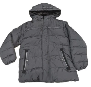 Swiss Tech Puffer Jacke Mantel Kapuze Jungen Gr. M 8 schwarz grau Fleece gefüttert Kunstfell - Bild 1 von 12