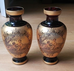 Vintage Amethyst & Gold Glass Vase Battaglia Cassioli DOUBLE SCENES, 2 Pcs - Picture 1 of 13