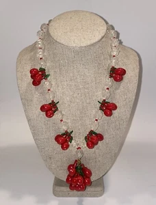 Vintage Plastic Fruit Necklace Cherries Leaves 20” - Picture 1 of 6