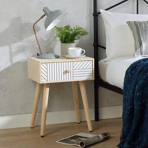 Bedside Table 1 Drawer Carving Design Pine Scandi Wooden Legs Bedroom Furniture - Picture 1 of 7