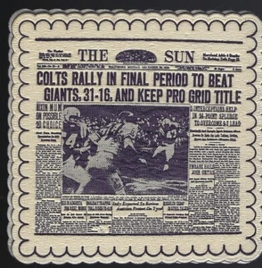 Diciembre 1959 Baltimore Sun Colts NFL Champions 3 pulgadas Square Drink Coaster - Imagen 1 de 1