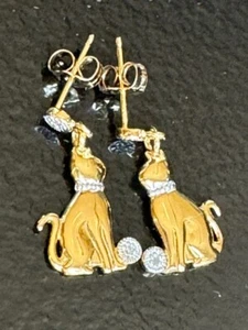 925 STERLING SILVER VERMEIL AND DIAMOND KITTI CAT EARRINGS - Picture 1 of 8