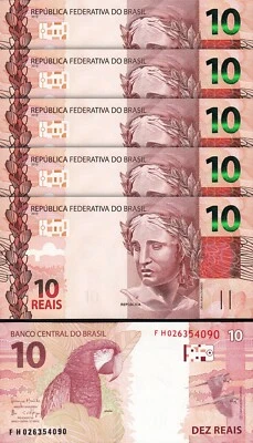 Brazil 10 Reais ND 2010, UNC, 5 Pcs LOT, Consecutive, Prefix FH, P-254 - Image 1 of 4
