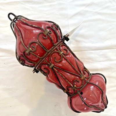 Antique EGYPTIAN Art Nouveau HAND BLOWN Ceiling Light GLOBE ONLY 13" Tall Red - Image 1 of 4