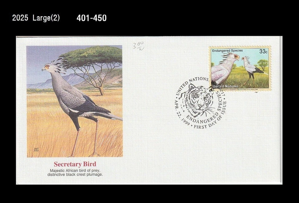 Pájaro, especies en peligro de extinción, aves secretarias, aves rapaces, vida silvestre, ONU 1999 FDC, cubierta Foto 1 de 1