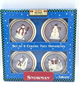Vtg Debbie Mumm Sakura Snowman Set Of 4 Ceramic Christmas Ornaments NIB - Picture 1 of 5