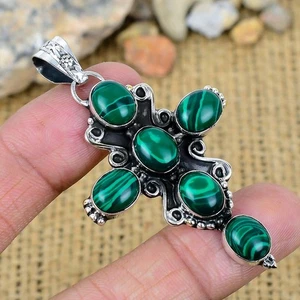 Malachite Gemstone 925 Solid Silver Handmade Jewelry Cross Pendant New Year Gift - Picture 1 of 4